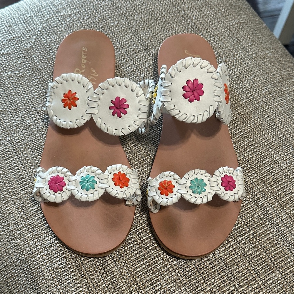 Big Girls Size 4 Miss Lauren Jack Rogers White Sandals Colorful Floral Accents
